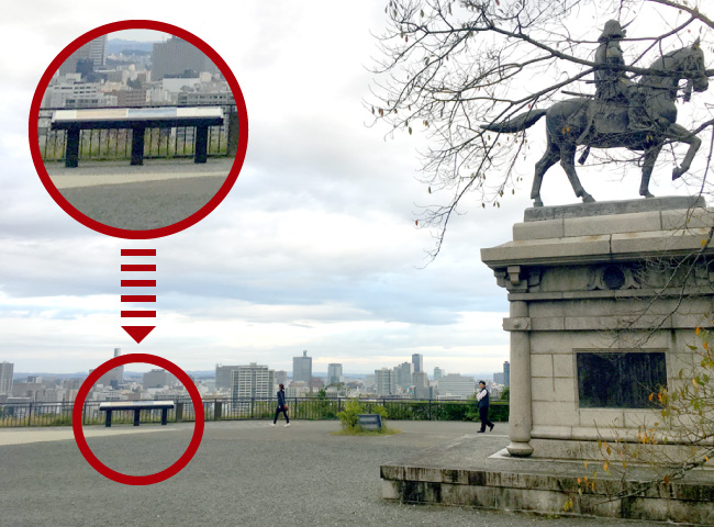 Site of Sendai Castle, near the explanatory signboard located on the northeast side of the statue of Masamune on horseback
